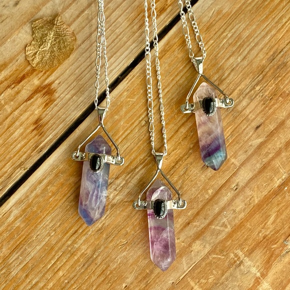Rainbow Flourite Sterling Silver Necklace Purple Pink 20” - Picture 4 of 15